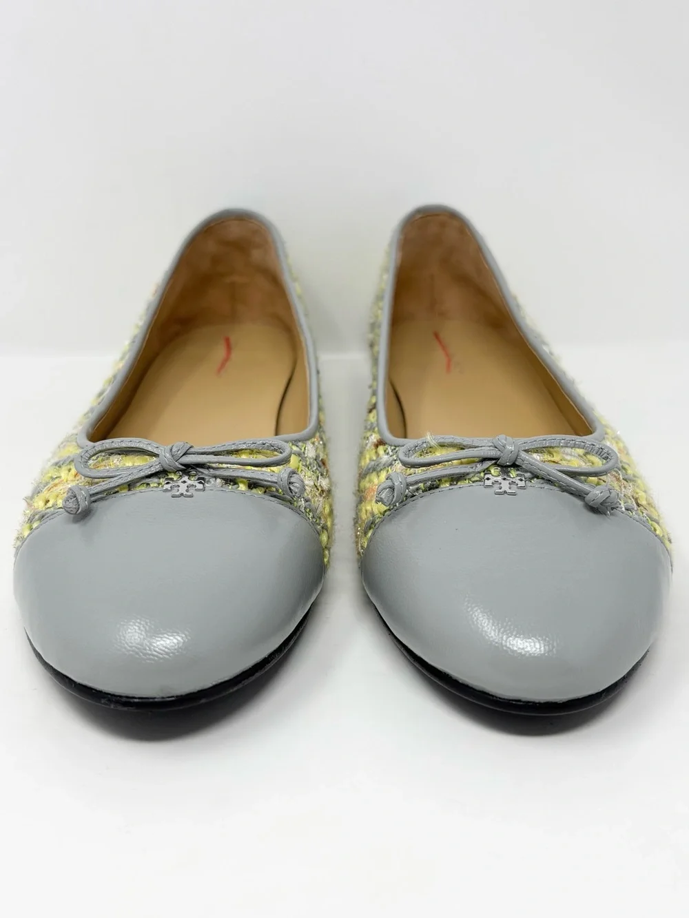 Tory Burch Tweed Ballet Flats Gray Yellow Leather Cap Toe Bow Size 9.5
